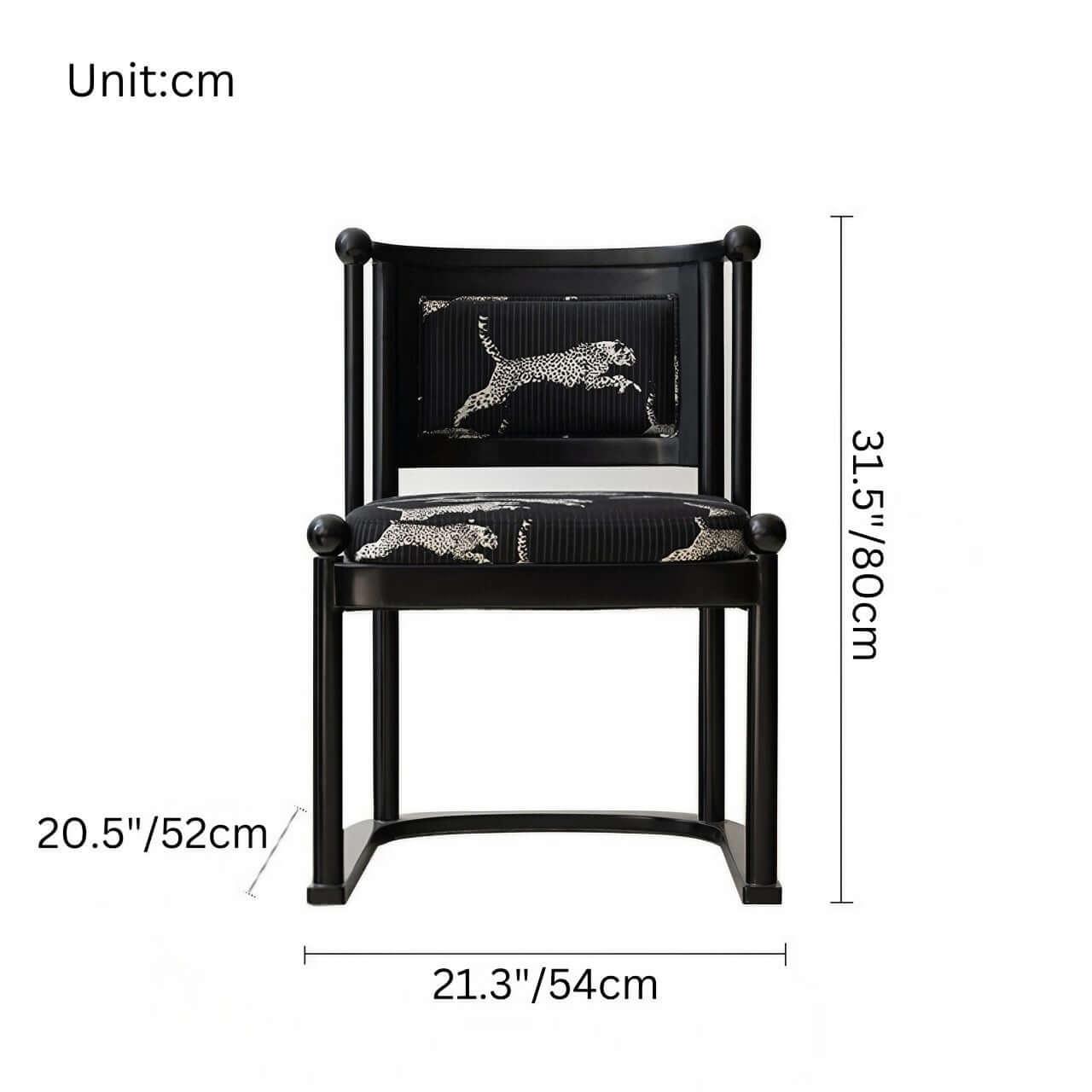 Single vintage dining chair with black fabric and leopard print upholstery dimensions