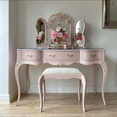 Vintage Carved Vanity With 3-Part Mirror In Soft Pink Main Product Image