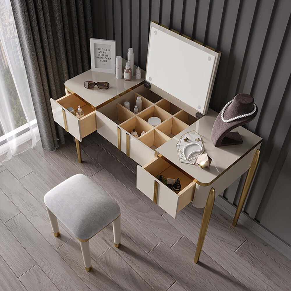 Champagne Makeup Vanity Mirror & Stool included with Flip Top 2Drawer Dressing Table Champagne Makeup Vanity Mirror & Stool included with Flip Top 2Drawer Dressing Table