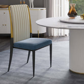 Modern white and blue dining chair with high back upholstered in luxurious velvet