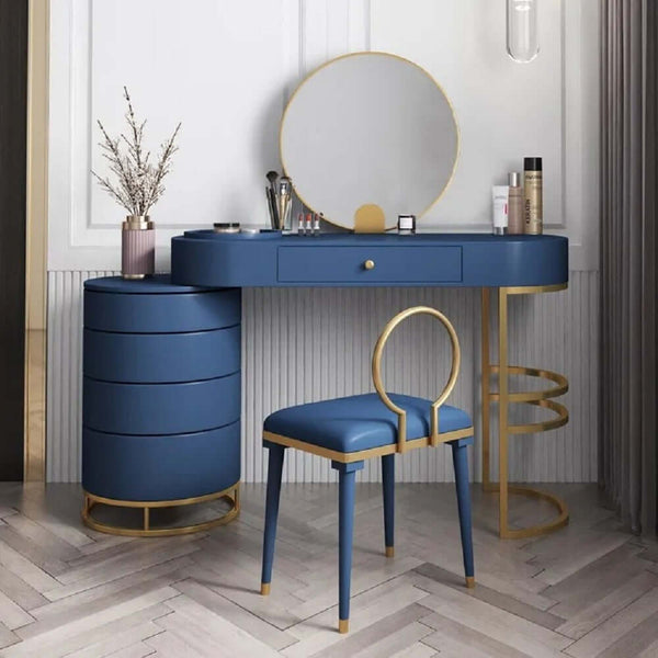 Blue Makeup Vanity Set with Side Cabinet Extendable Dressing