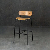 Natural wooden bar stool with footrest, solid wood counter height chair, metal frame, kitchen furniture