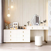 Modern white makeup vanity set with 6-drawer cabinet, dressing table, stool, and mirror for bedroom decor
