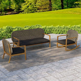 Teak and rattan 3-piece outdoor sofa set with natural wood rocking chair and cushions main product image