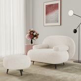 White cream boucle accent chair with matching pouf ottoman for modern lounge seating main product image