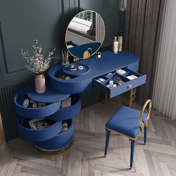 Juego de tocador de maquillaje azul moderno Gabinete de tocador retráctil,  taburete y espejo incluidos - Cocochairs