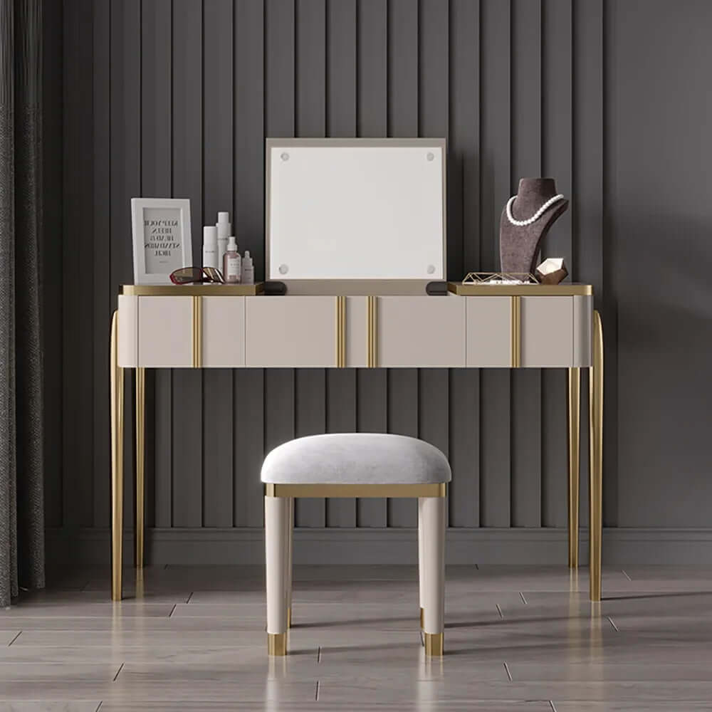 Champagne Makeup Vanity Mirror & Stool included with Flip Top 2Drawer  Dressing Table