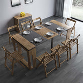 Modern extendable dining table with 4 chairs and rectangle storage sideboard in elegant walnut and gray finish