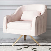 Pink velvet accent chair with modern design and comfortable upholstered armrests