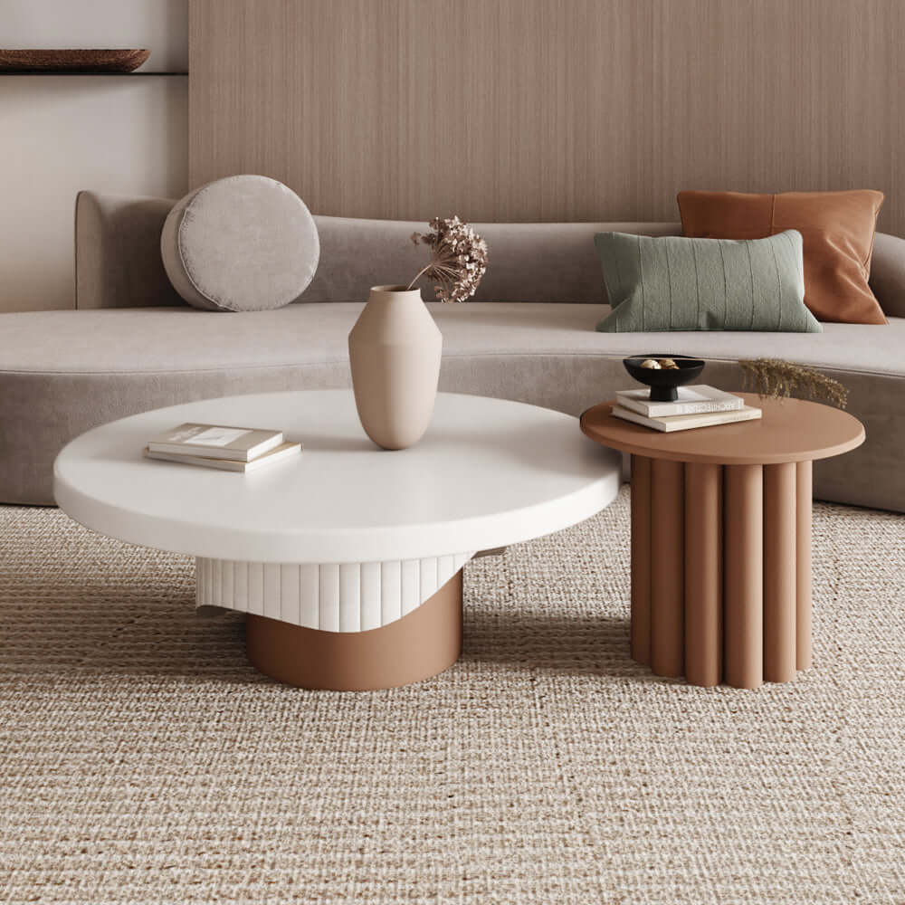 Set of two round coffee tables with fluted base in white and walnut finish main product image