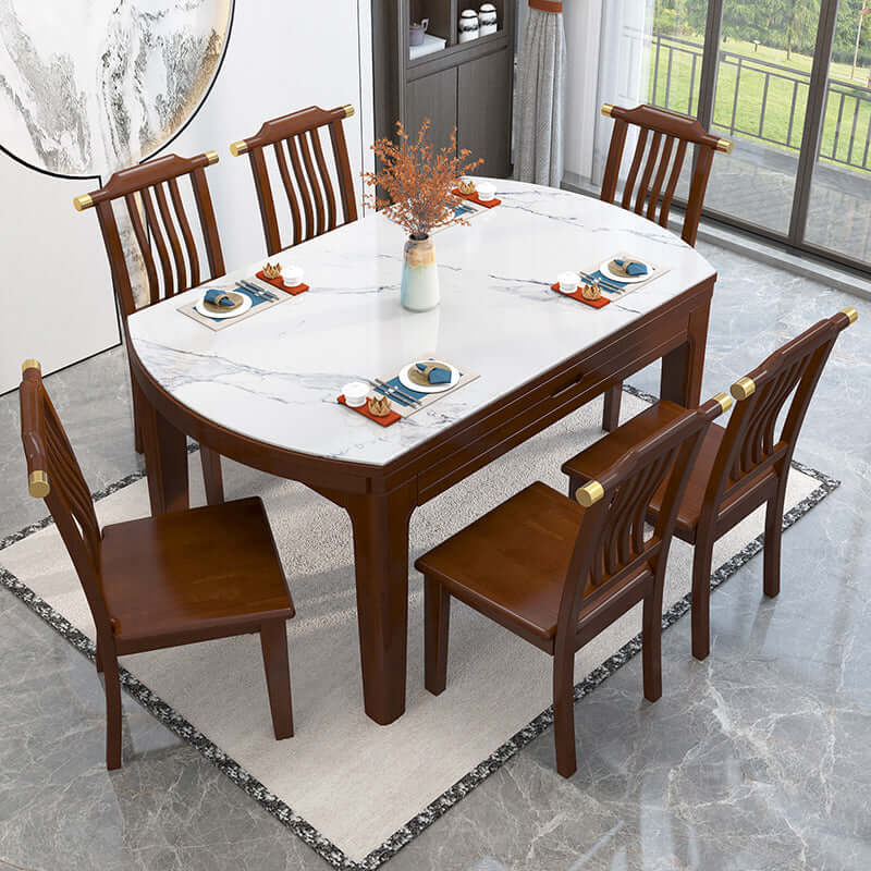 53 Inch Ebony Marble Dining Set With 6 Chairs