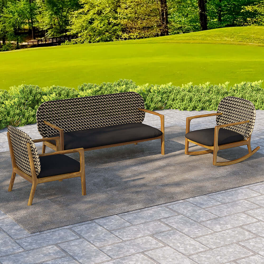 Teak and rattan 3-piece outdoor sofa set with natural wood rocking chair and cushions main product image