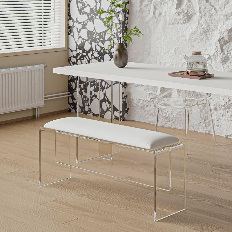 Clear acrylic accent bench in living room