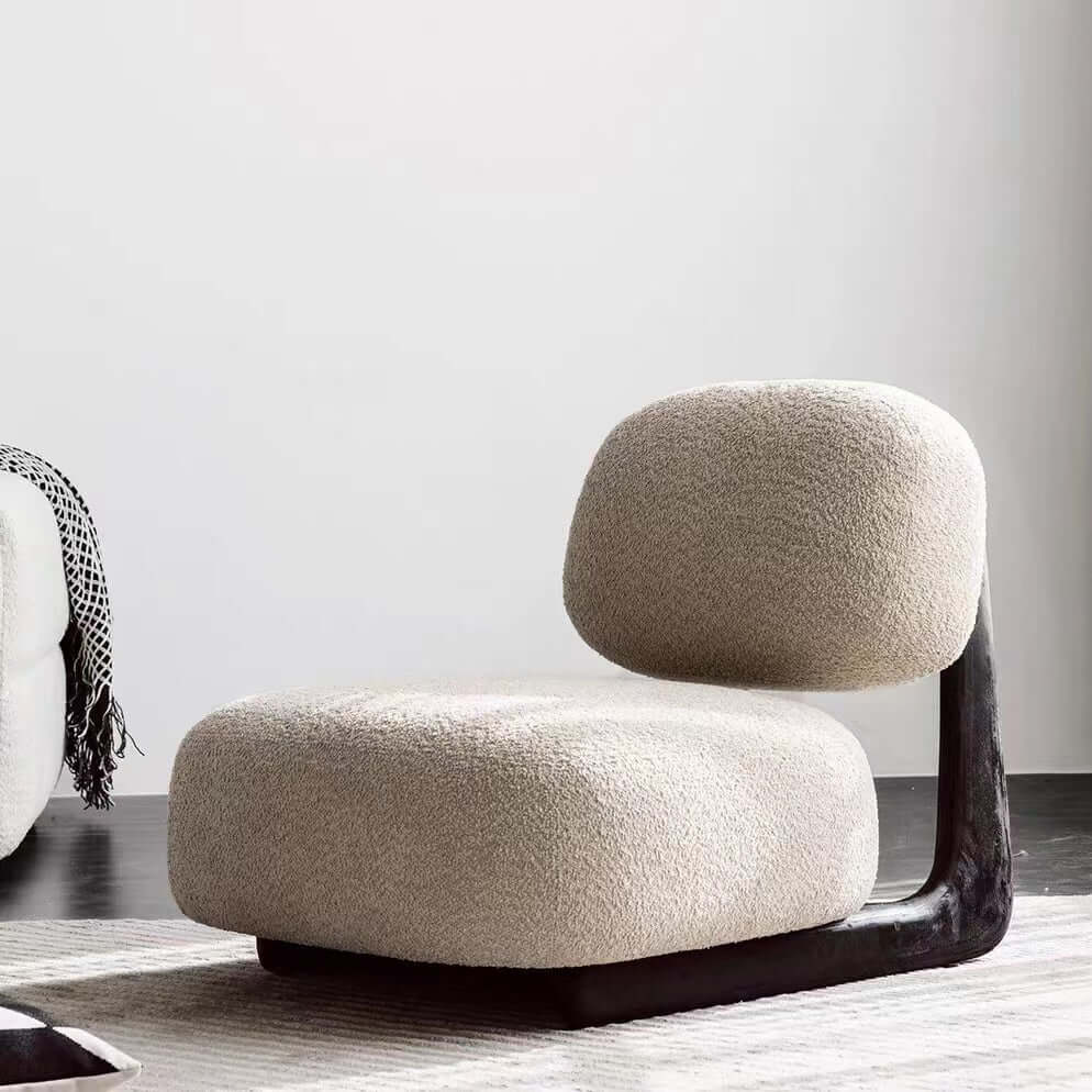 Light tan boucle sherpa lounge accent chair with wood base, modern and cozy design main product image