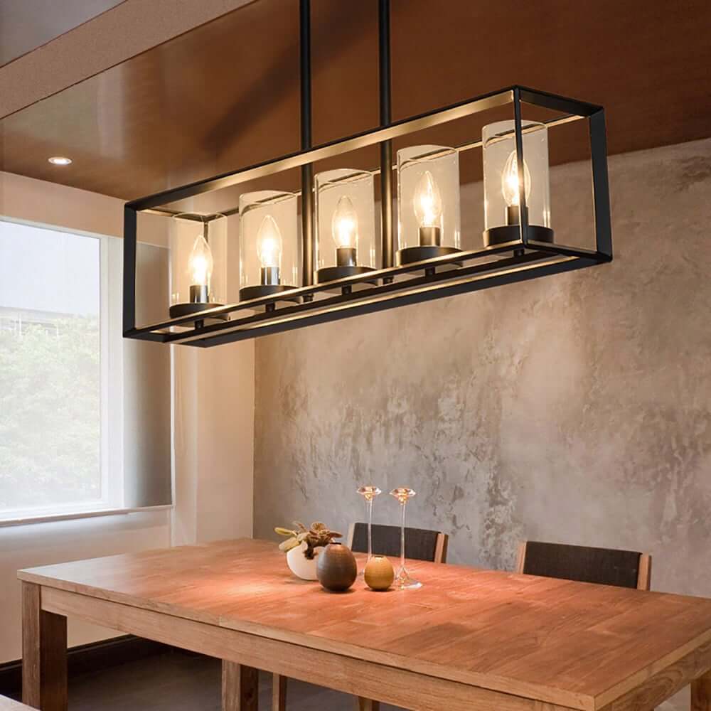Industrial Black 5-Light Linear Pendant with Clear Glass Shades Main Product Image