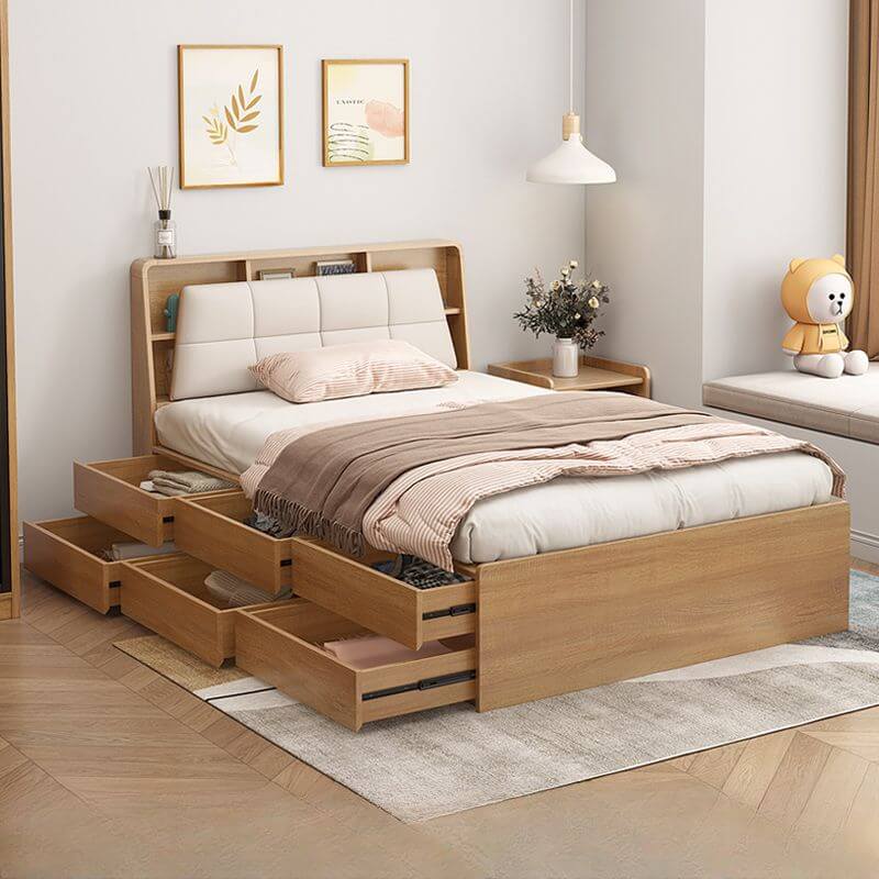 Modern Cream White Upholstered Storage Bed with Wood Slat Base and Open Shelving Main Product Image