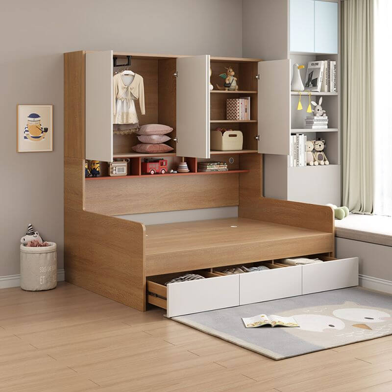 Modern High-Cabinet Storage Bed with Drawers – Cream White, Silver Gray, Natural Main Product Image