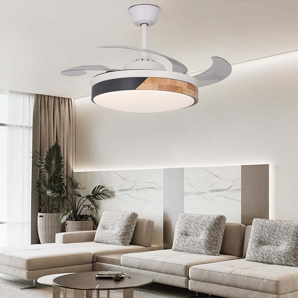 Modern White Oak Wood Downrod Mount Ceiling Fan with LED Light Main Product Image