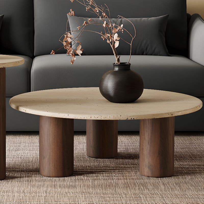 Round Coffee Table with Beige Travertine and Wooden Base Main Product Image