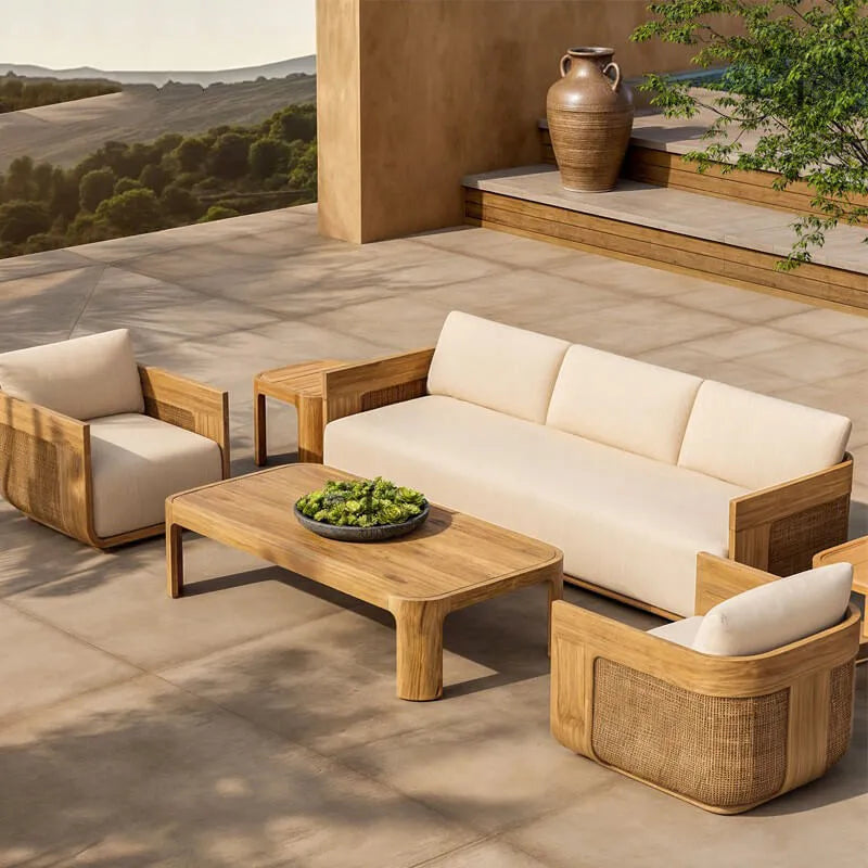 Teak Outdoor Sofa Conversation Set with PE Woven Frame and Coffee Table Main Product Image