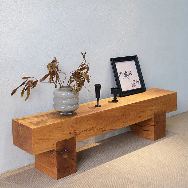 Wabi-Sabi Solid Wood Entryway Bench with Block Base and Hand-Finished Grain Main Product Image