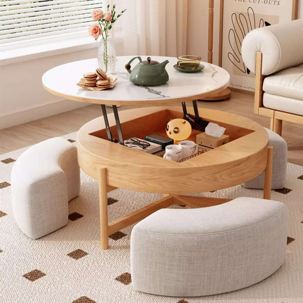 Walnut Lift-Top Coffee Table with Storage Stools