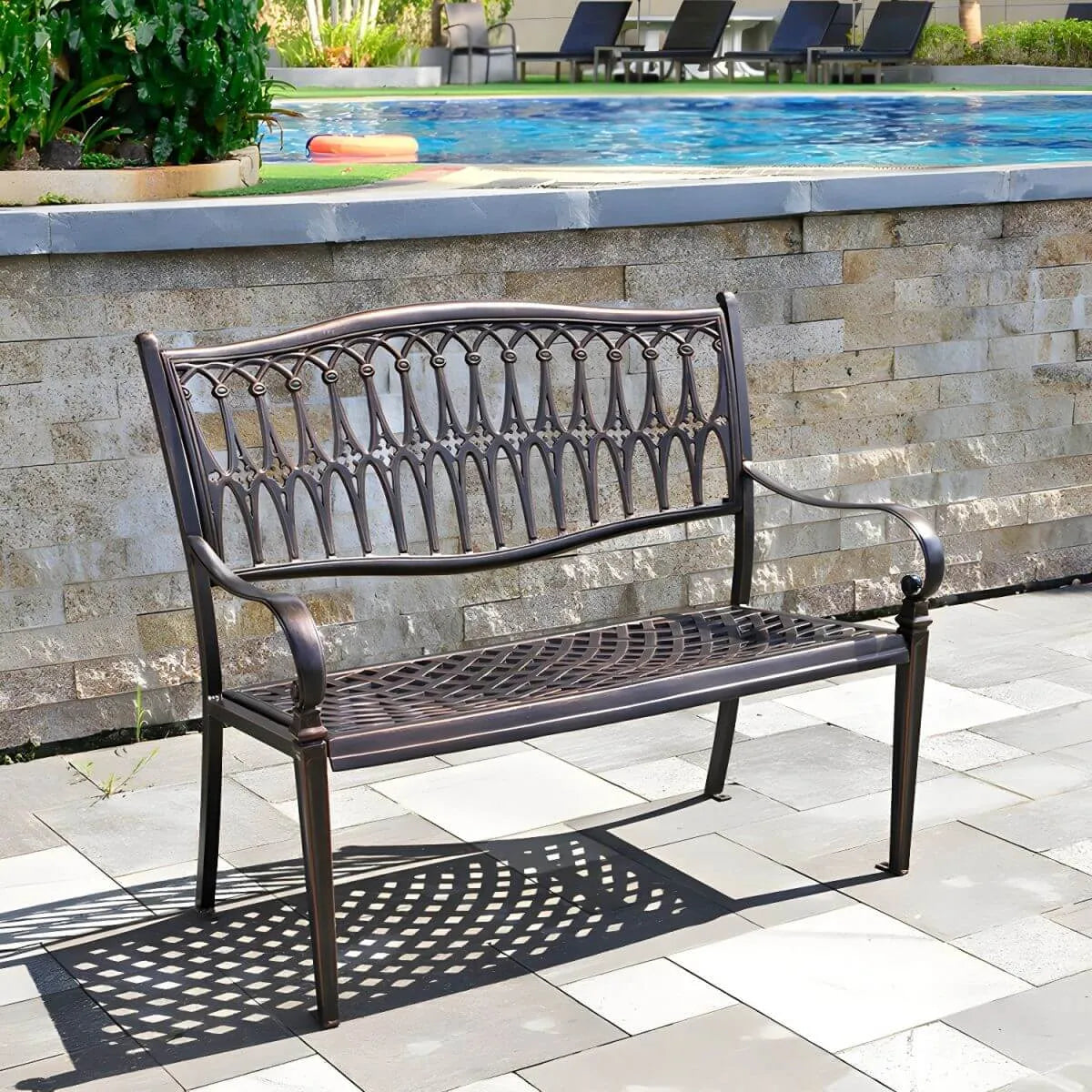 Waterproof Outdoor Bench in Copper or White with Baroque Back Detail Main Product Image