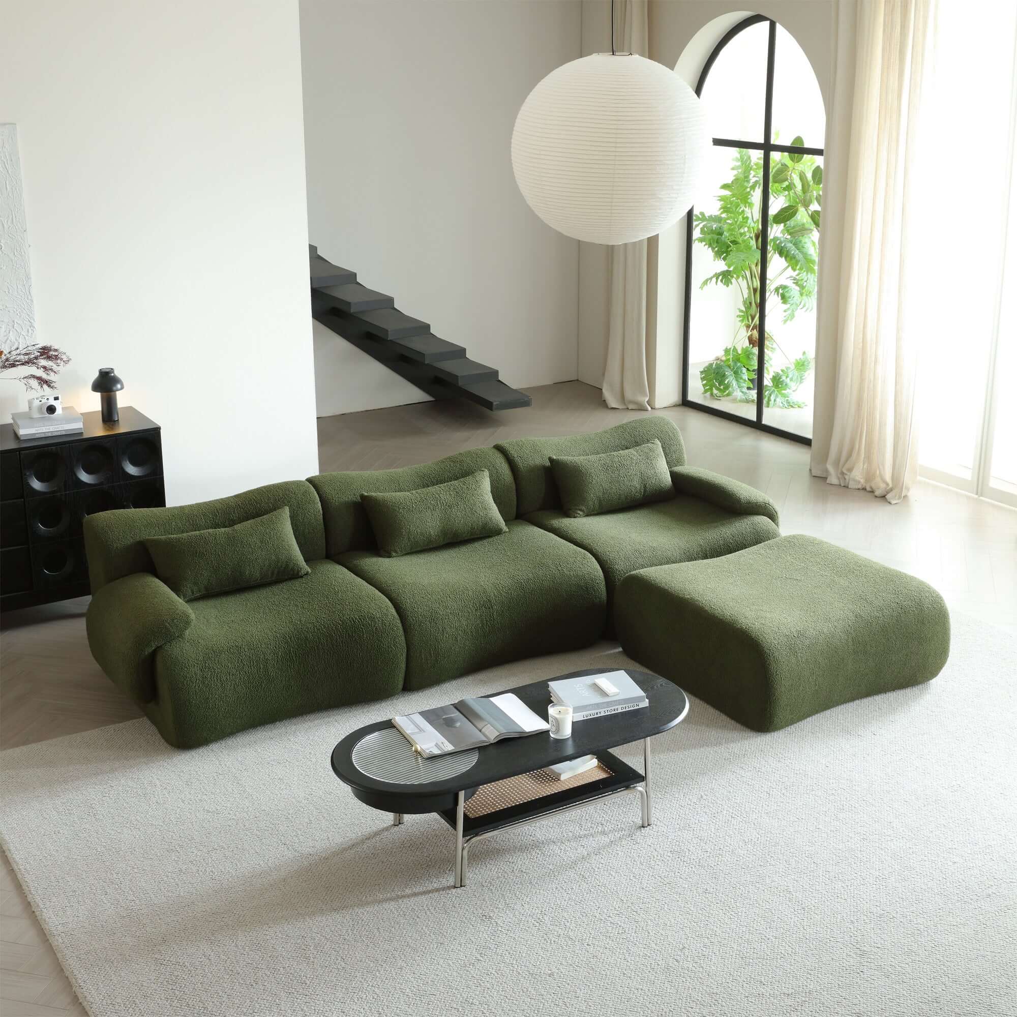 Modern sectional sofa upholstered in soft teddy velvet fabric with modular design