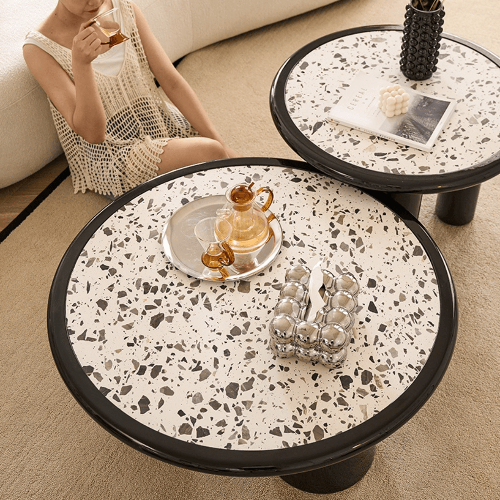 Round terrazzo coffee table with elegant design, perfect for adding sophistication to your living room