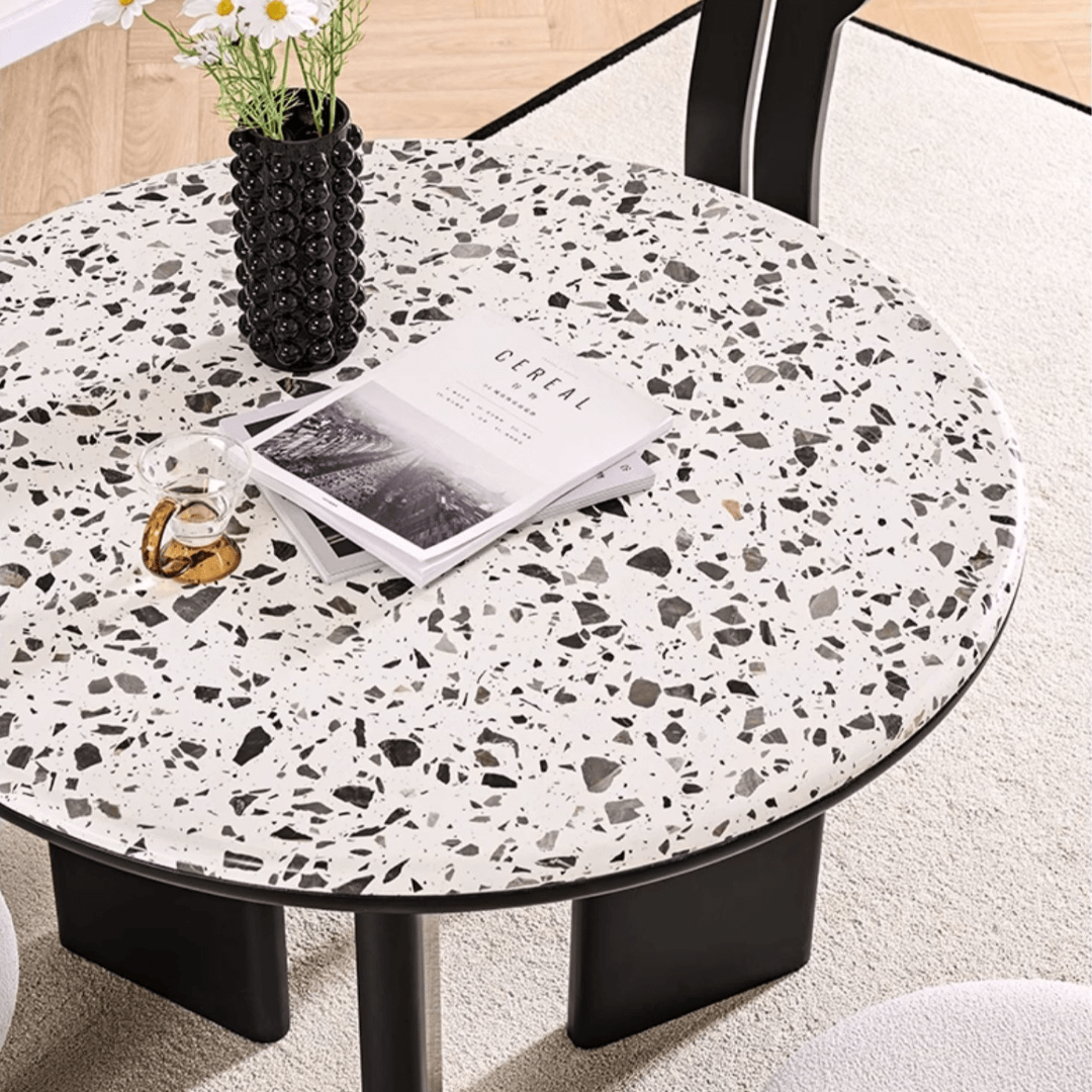 Round terrazzo table with easy-clean surface, perfect for small apartments