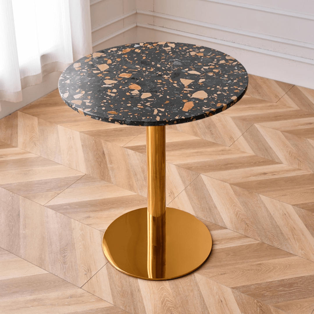 Modern marble table with sturdy metal base, perfect for adding a timeless aesthetic to any space