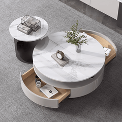 Luxury Slate Top Modern High-Low Round Coffee Table Set with Storage Drawers