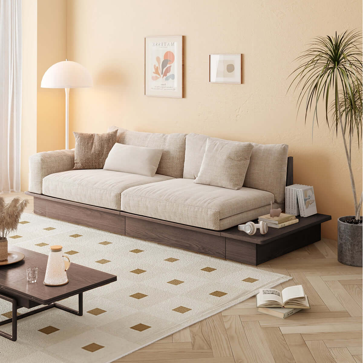 Beige folding sofa bed with solid wood frame and upholstered cotton linen cushions