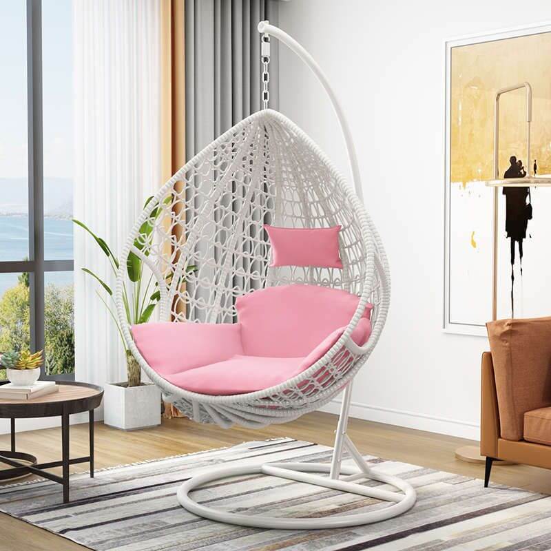 Magenta and sepia porch swing egg chair with alloy stand, chain, cushions, and 2-person seating main product image