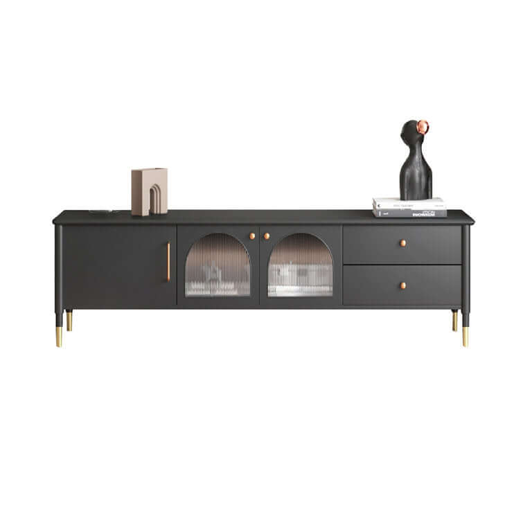 Modern wood TV stand cabinet featuring a glass door for stylish storage and display