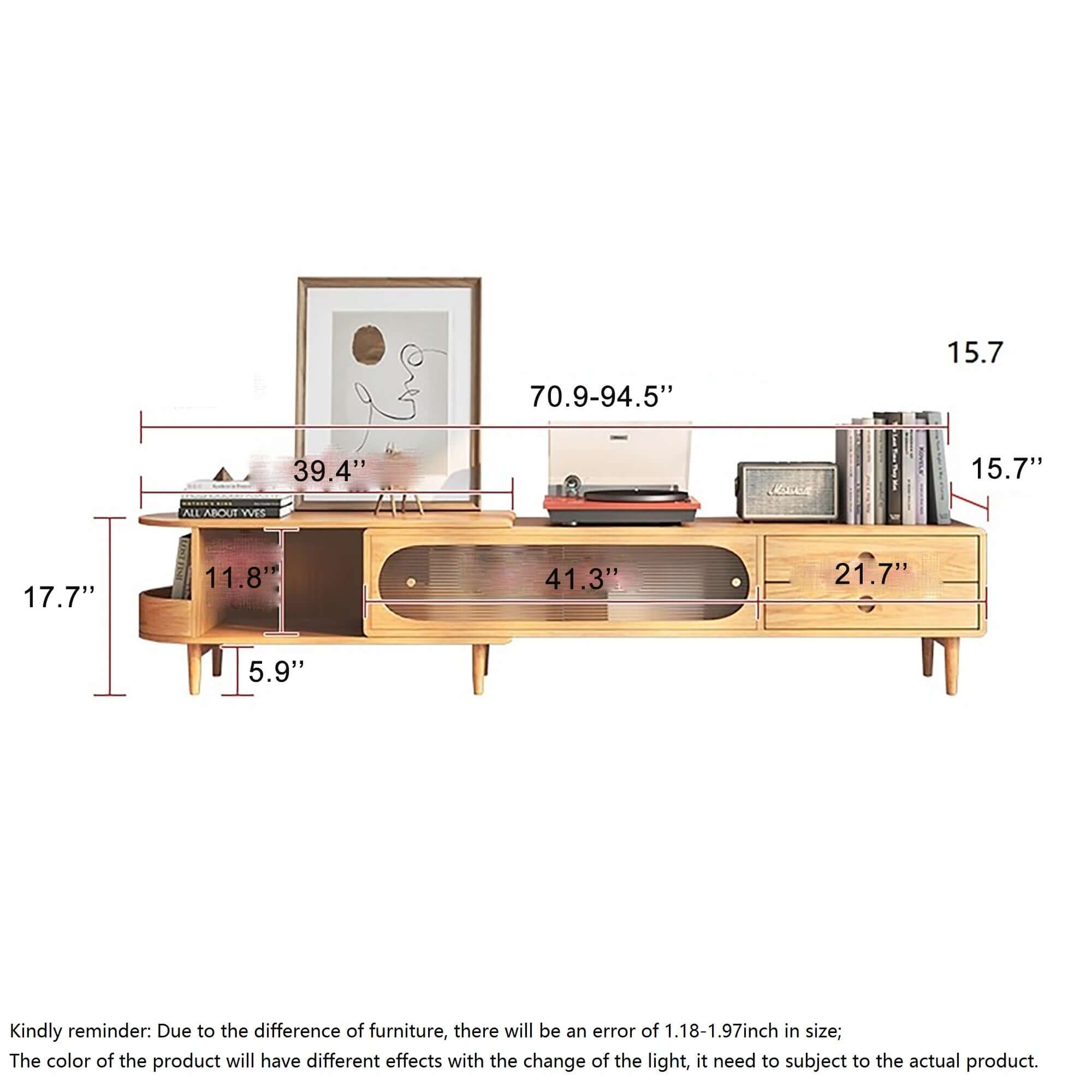 Extendable TV stand with sliding glass doors and storage for media consoles