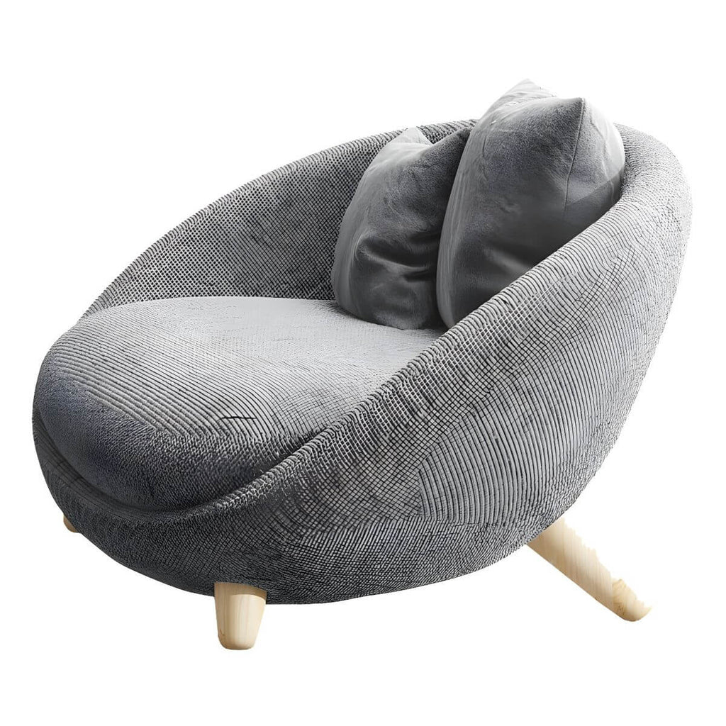 Scandinavian papasan chair with fixed back, sloped arms, cotton blend fabric, and 2 pillows