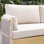 Modern outdoor swivel sofa set with aluminum frame and rope accents, includes coffee table in khaki