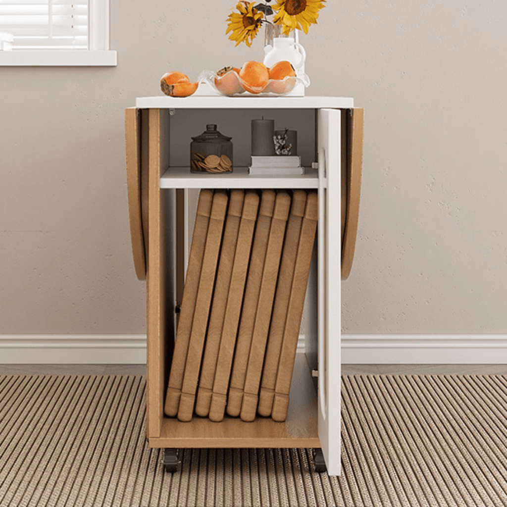 Round folding dining table with marble texture, perfect for small homes and space-saving design