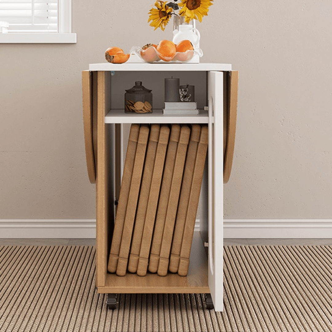 Round folding dining table with marble texture, perfect for small homes and space-saving design