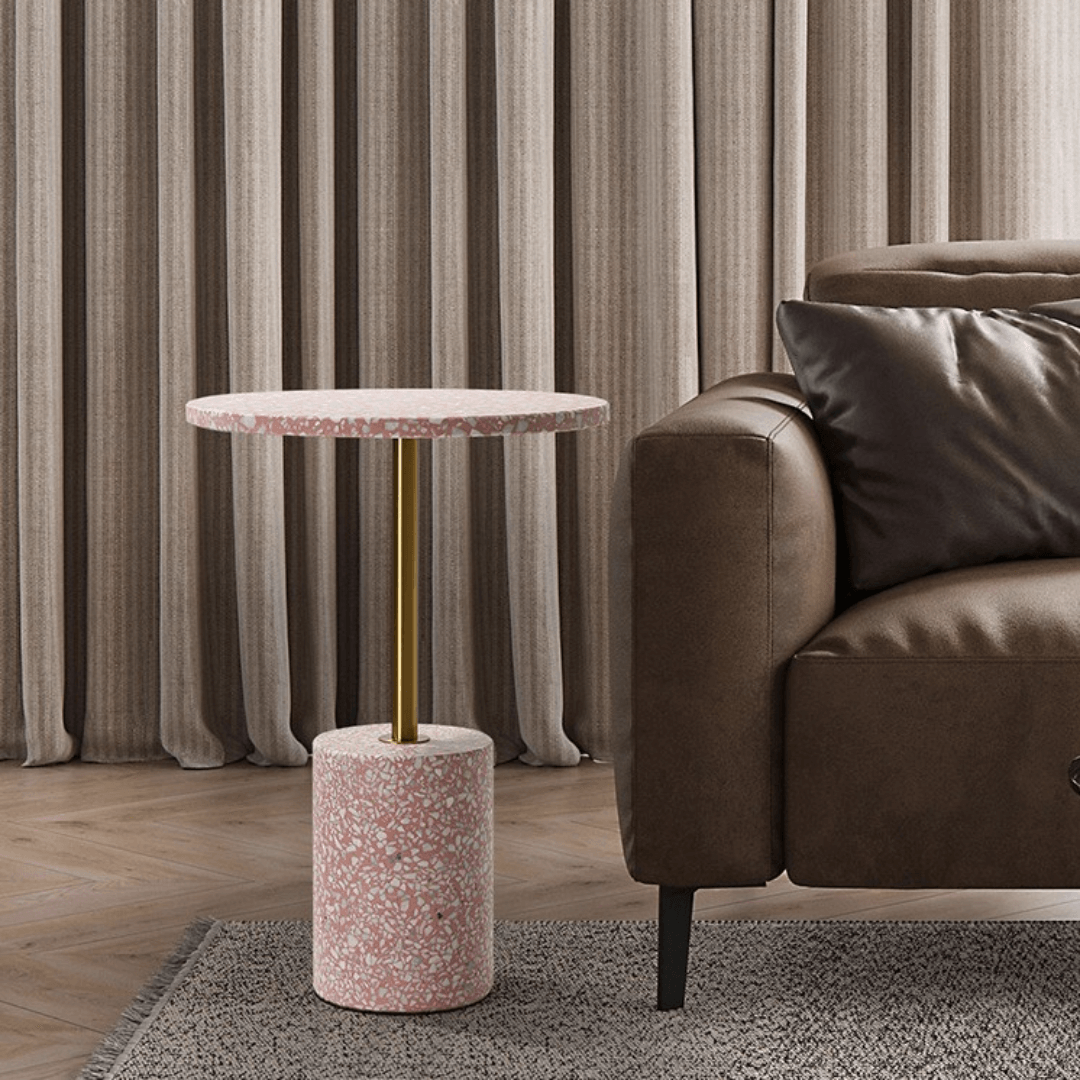 Table Basse en Terrazzo Rose Élégante avec Accents Dorés - Design Minimaliste Moderne Image secondaire du produit