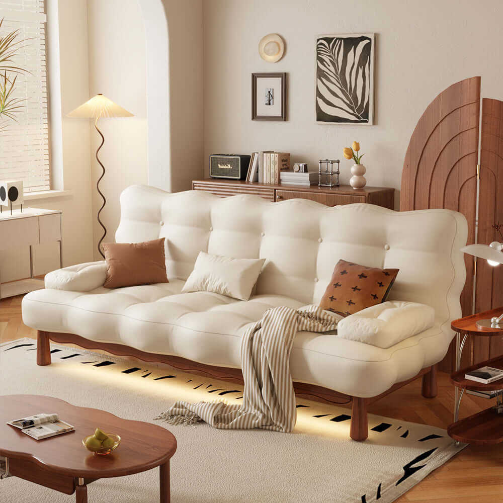 Beige modern convertible sleeper sofa bed with romantic design, perfect for small spaces