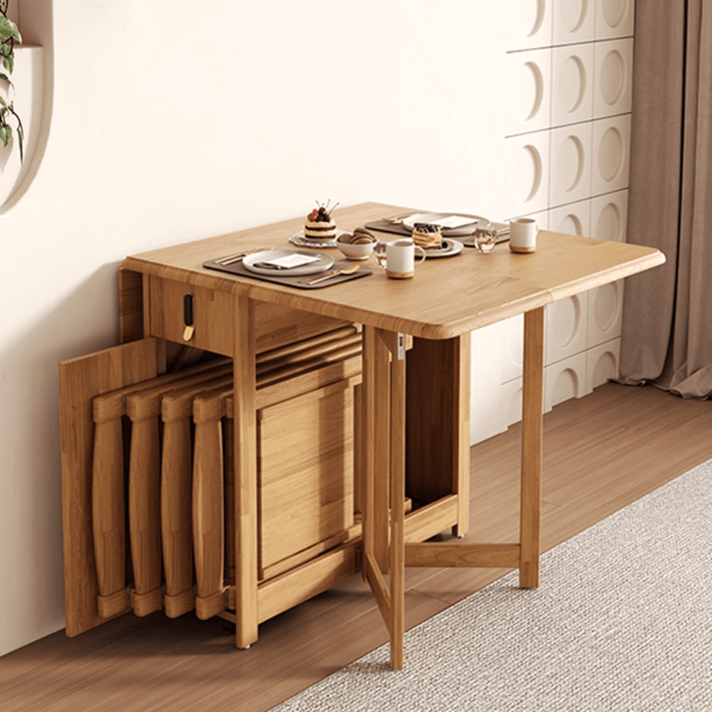 Scandinavian-inspired folding table designed to save space, ideal for family meals and gatherings