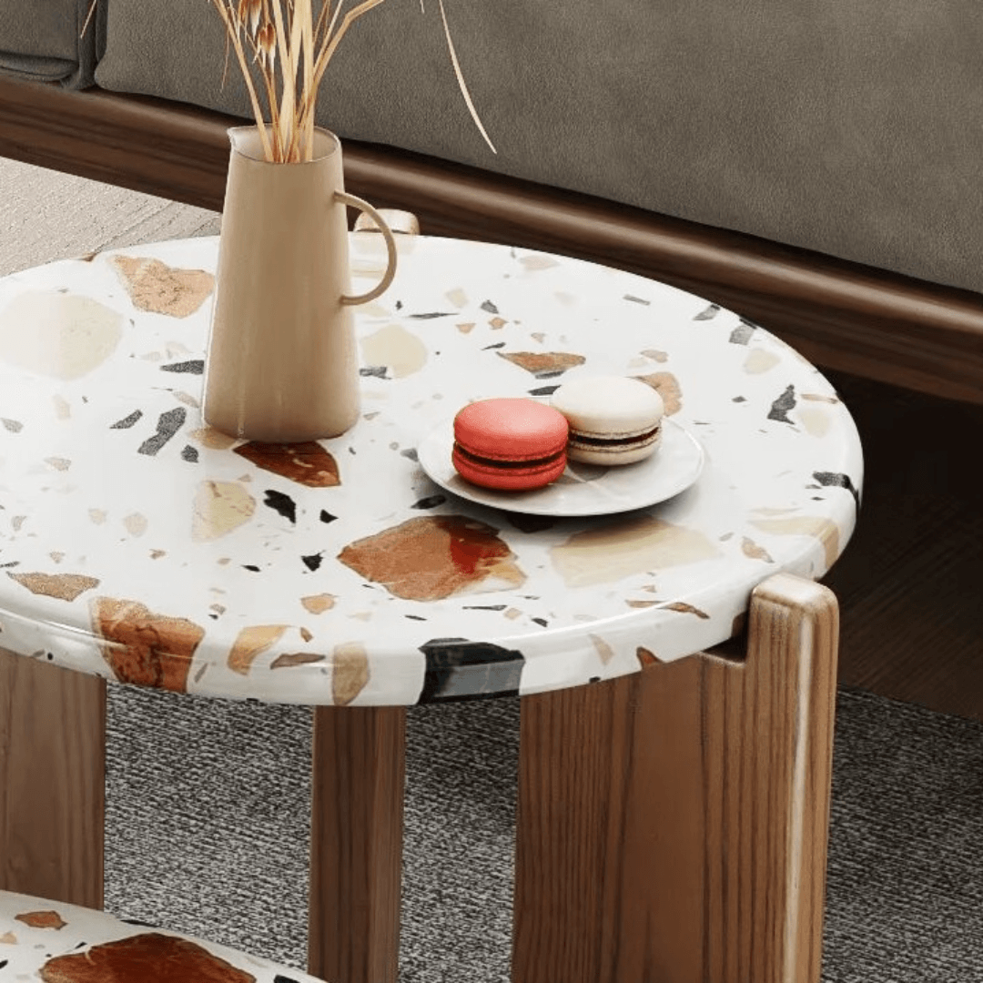 Round Nordic-inspired terrazzo coffee table with quality wooden legs, perfect for modern living rooms