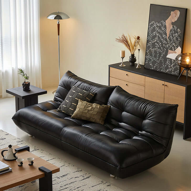 Togo style leather sleeper sofa bed without arms, perfect for compact living spaces