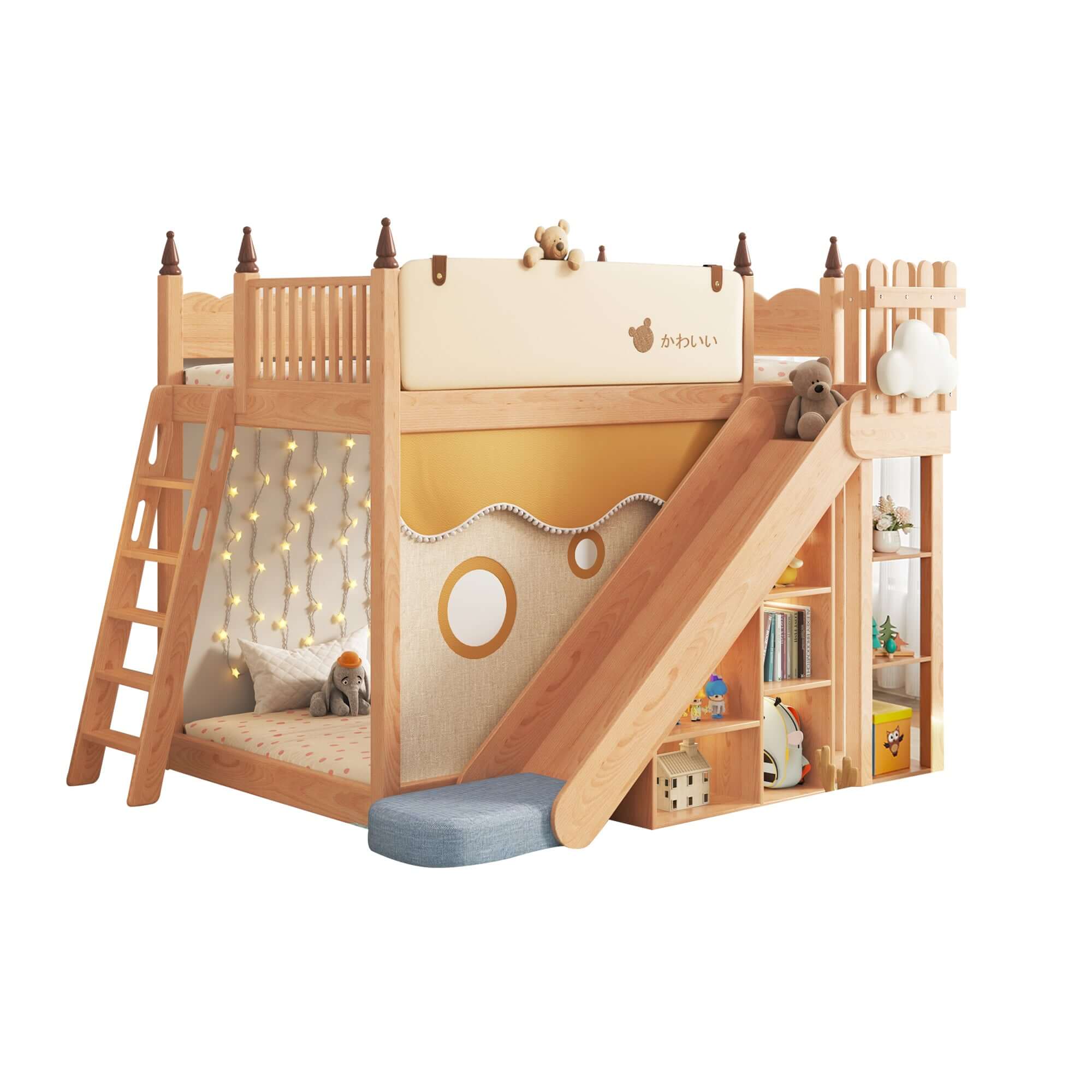 Solid wood children's bunk bed with slide, storage, and play tent for kids' bedroom