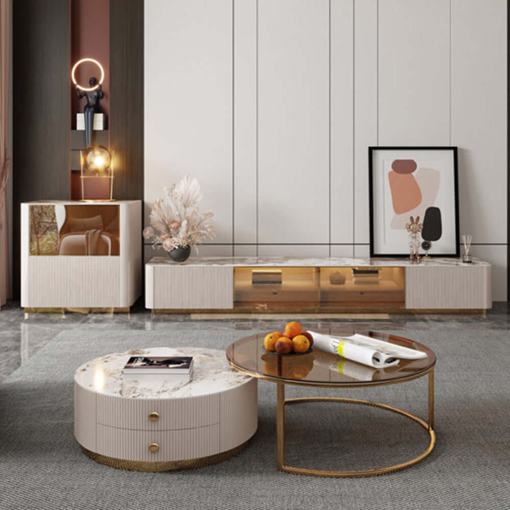 Modern round coffee table set with sintered stone top, 2 drawers, and metal legs