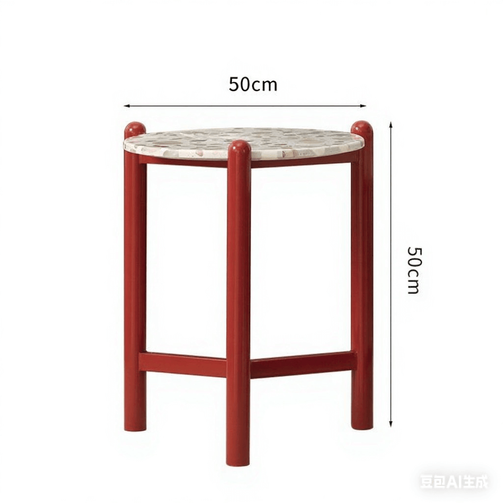 Round side table with vibrant red terrazzo top, featuring a modern minimalist design