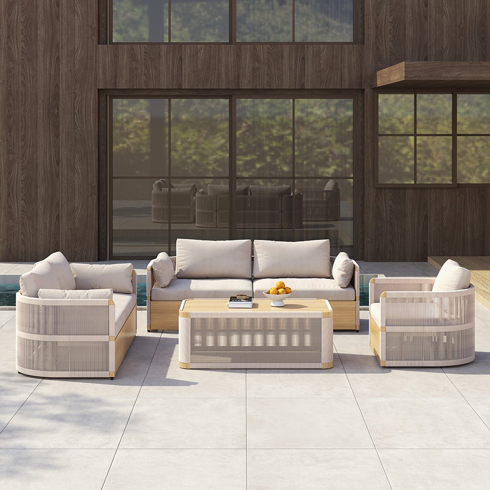 Modern outdoor swivel sofa set with aluminum frame and rope accents, includes coffee table in khaki