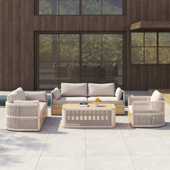 4 Pieces Modern Aluminum & Rope Outdoor Swivel Sofa Set with Coffee Table in Khaki